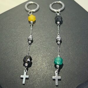 Natural Stone Agate Bead Ear Huggies w Cross Charms